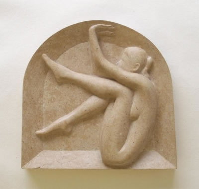 Arch female figure stone bas relief limestone wall mounted Gordon Aitcheson sculpture