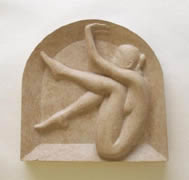 Arch female figure stone carving bas relief limestone wall mounted Gordon Aitcheson sculpture