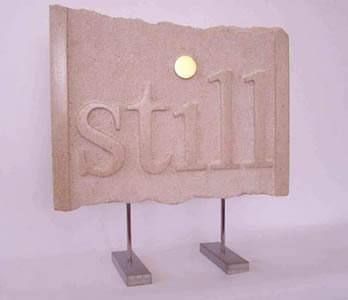 Gordon Aitcheson sculptor Still VI conceptual word bas relief stone sculpture limestone goldleaf