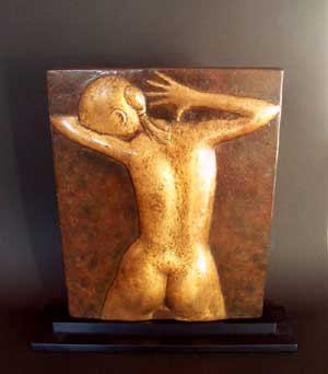 Gordon Aitcheson bronze sculpture Sun Worshipper erotic female figure bas relief