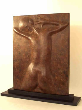 Gordon Aitcheson bronze sculpture Sun Worshipper erotic female figure bas relief